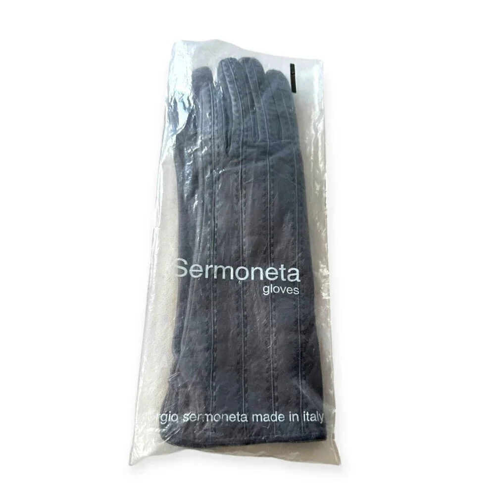 New Sermoneta Kid Leather Cashmere Lined Gloves, Medium‎ Length, Gray, size 7.5